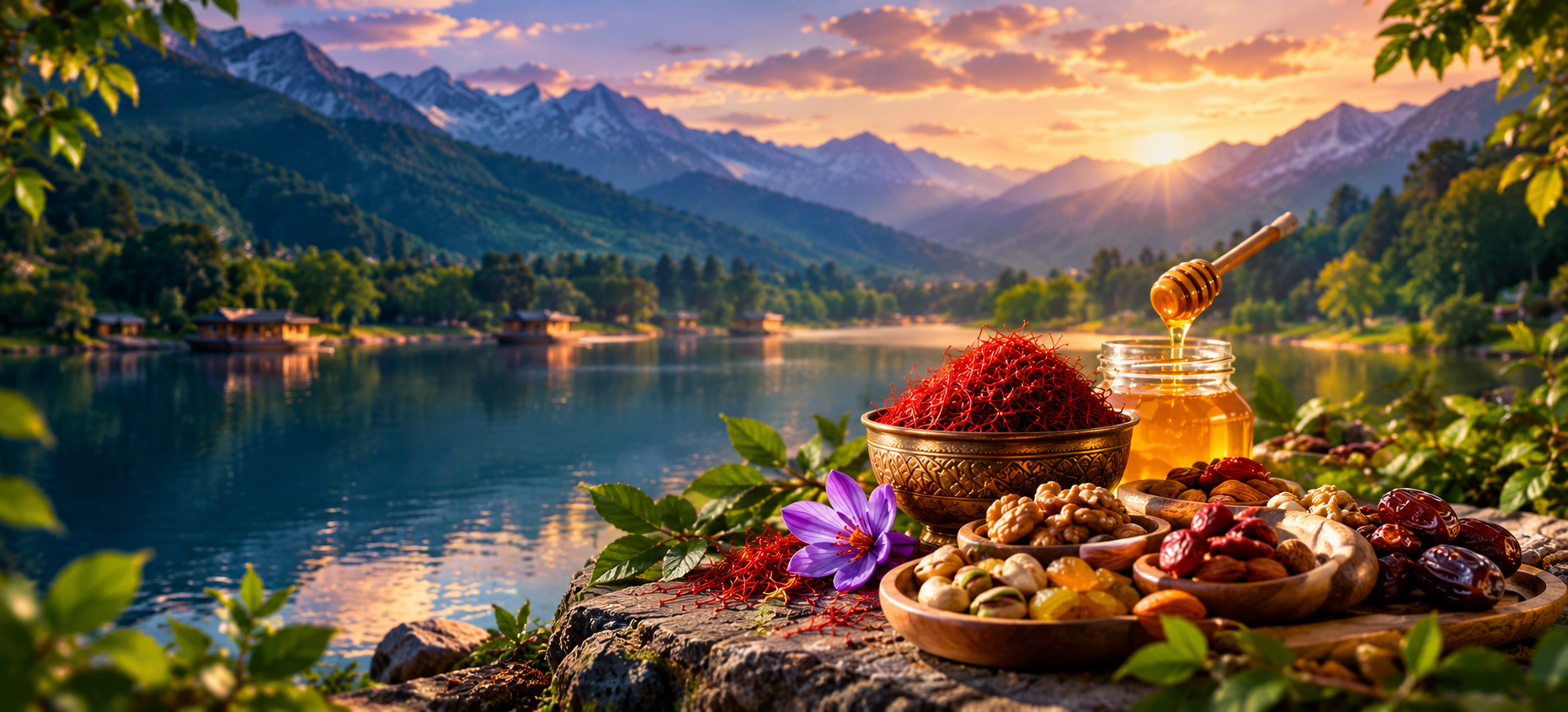 NutsAndCrafts — Premium dry fruits, Kashmiri spices, raw honey and Himalayan wellness products sourced directly from farmers Premium dry fruits, nuts, Kashmiri saffron and raw honey by a Himalayan lake at sunset — NutsAndCrafts natural products